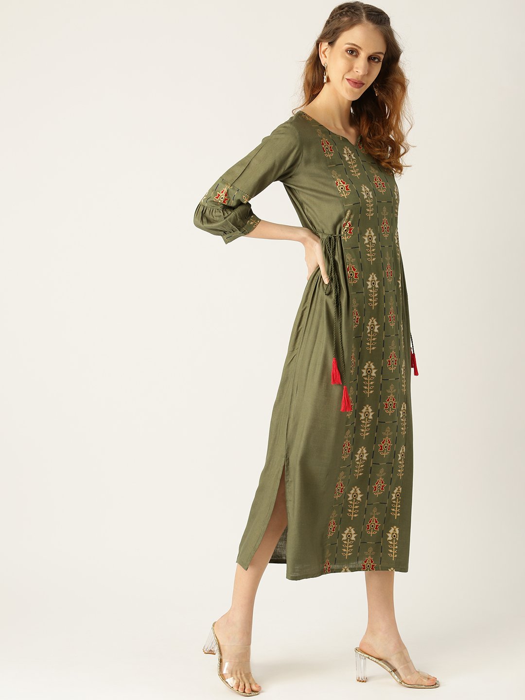 Women Green Ethnic Motifs Printed V-Neck Viscose Rayon Maxi Dress | LASVINI - Redefining Indian Fashion with Elegance