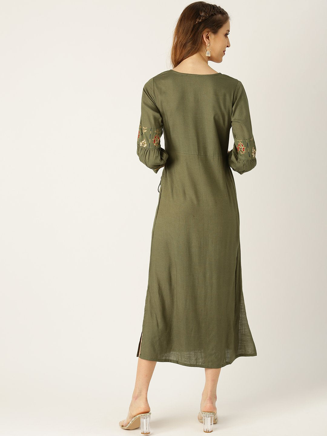 Women Green Ethnic Motifs Printed V-Neck Viscose Rayon Maxi Dress | LASVINI - Redefining Indian Fashion with Elegance