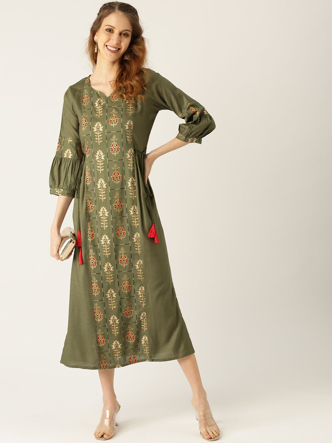 Women Green Ethnic Motifs Printed V-Neck Viscose Rayon Maxi Dress | LASVINI - Redefining Indian Fashion with Elegance