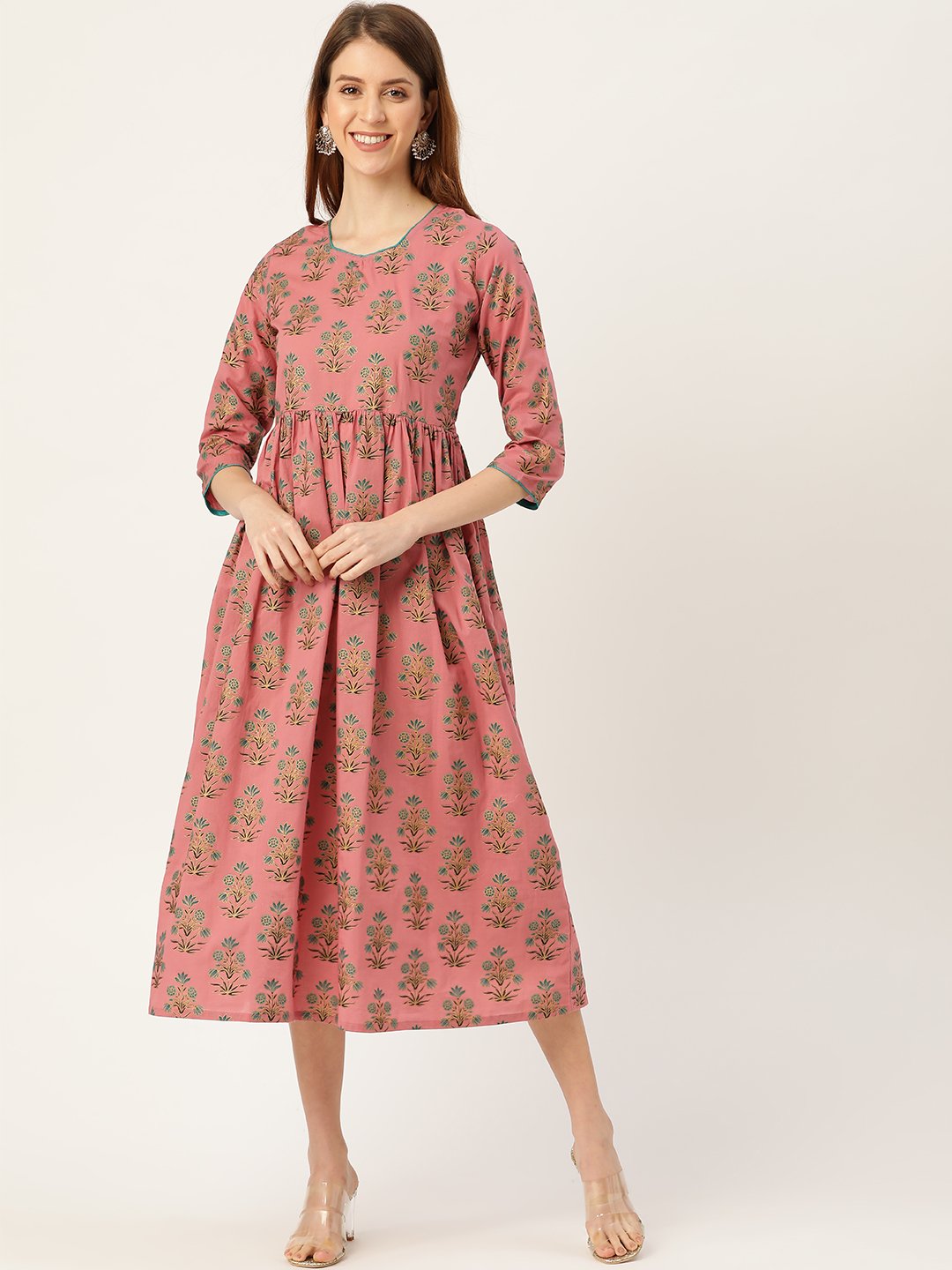 Women Pink Ethnic Motifs Printed Square Neck Cotton Maxi Dress | LASVINI - Redefining Indian Fashion with Elegance