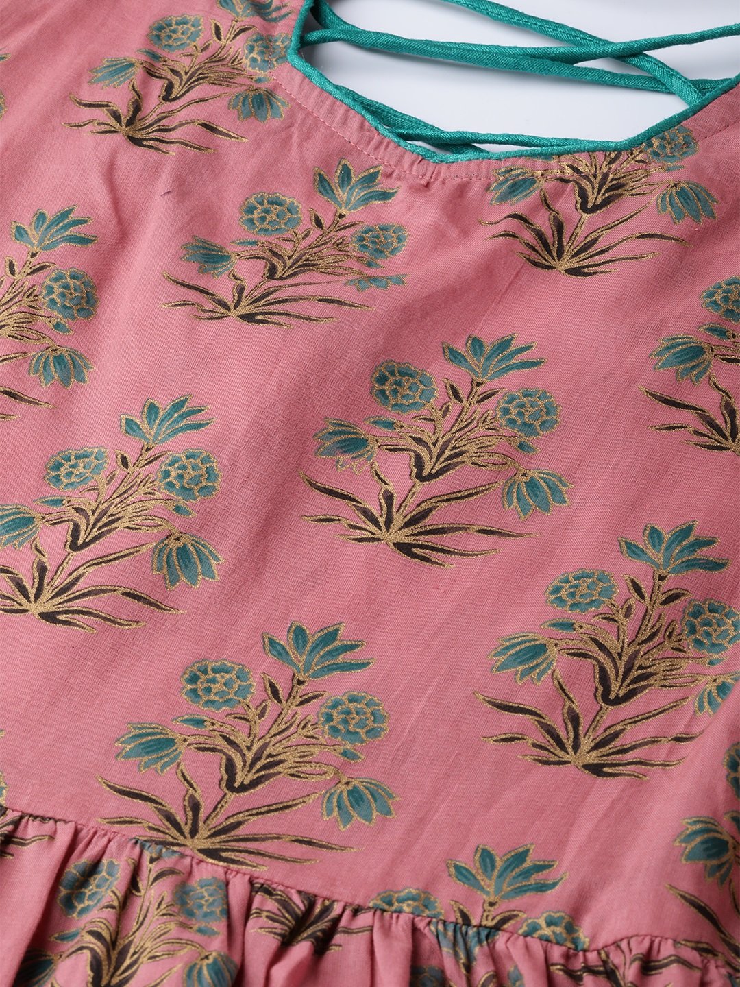 Women Pink Ethnic Motifs Printed Square Neck Cotton Maxi Dress | LASVINI - Redefining Indian Fashion with Elegance