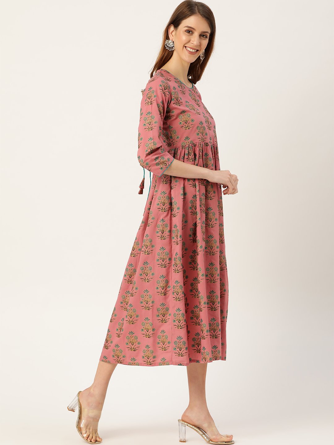 Women Pink Ethnic Motifs Printed Square Neck Cotton Maxi Dress | LASVINI - Redefining Indian Fashion with Elegance