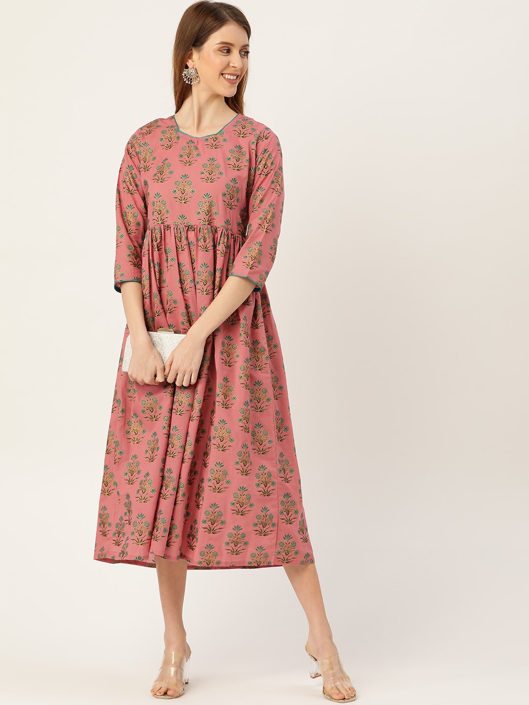 Women Pink Ethnic Motifs Printed Square Neck Cotton Maxi Dress | LASVINI - Redefining Indian Fashion with Elegance