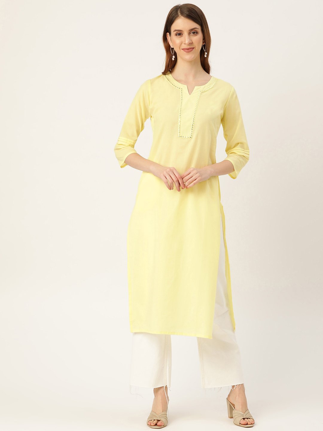 Women Limeyellow Calf Length Three-Quarter Sleeves Straight Solid Solid Cotton Kurta | LASVINI - Redefining Indian Fashion with Elegance