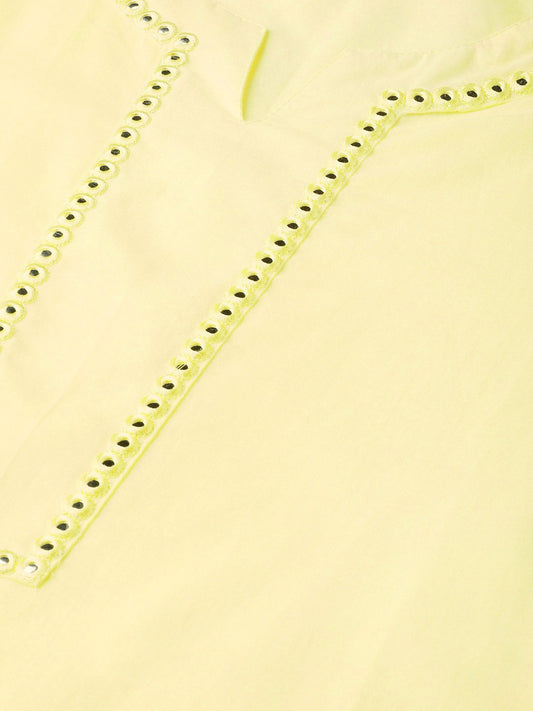 Women Limeyellow Calf Length Three-Quarter Sleeves Straight Solid Solid Cotton Kurta | LASVINI - Redefining Indian Fashion with Elegance