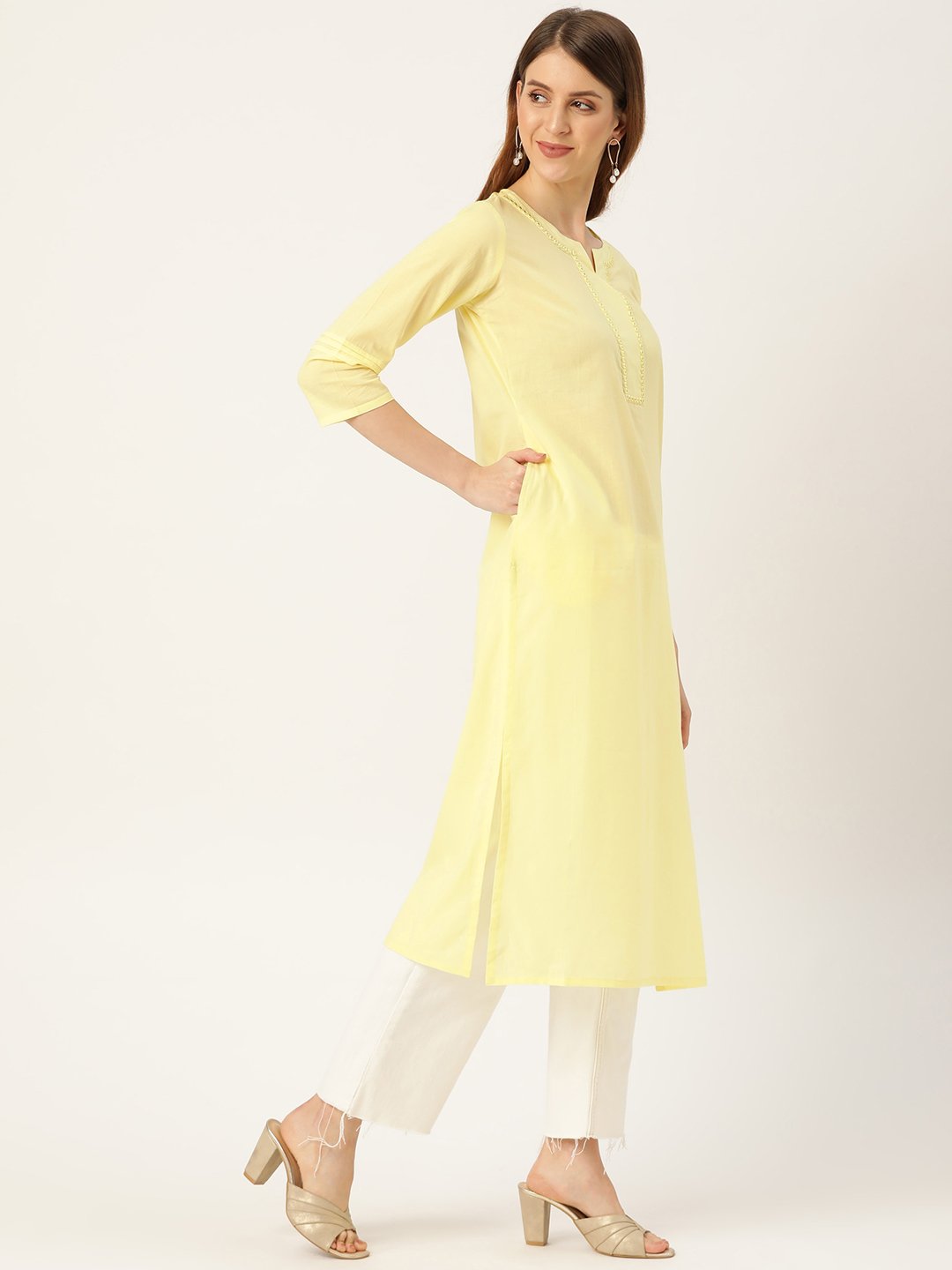 Women Limeyellow Calf Length Three-Quarter Sleeves Straight Solid Solid Cotton Kurta | LASVINI - Redefining Indian Fashion with Elegance