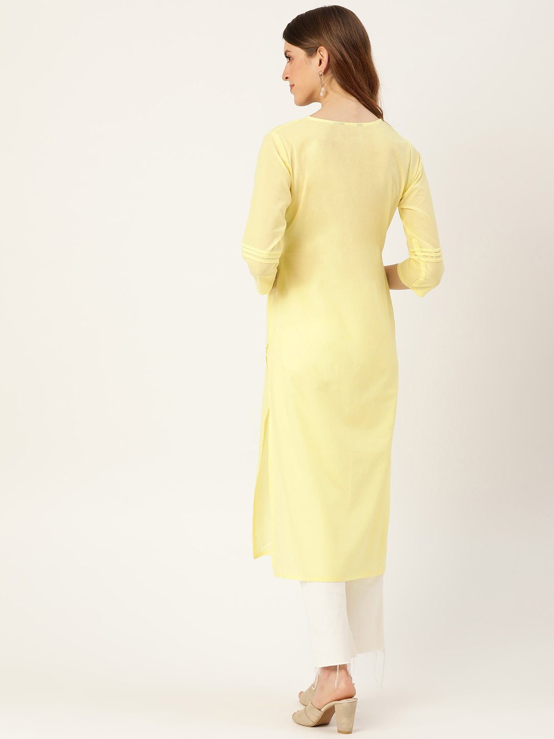 Women Limeyellow Calf Length Three-Quarter Sleeves Straight Solid Solid Cotton Kurta | LASVINI - Redefining Indian Fashion with Elegance