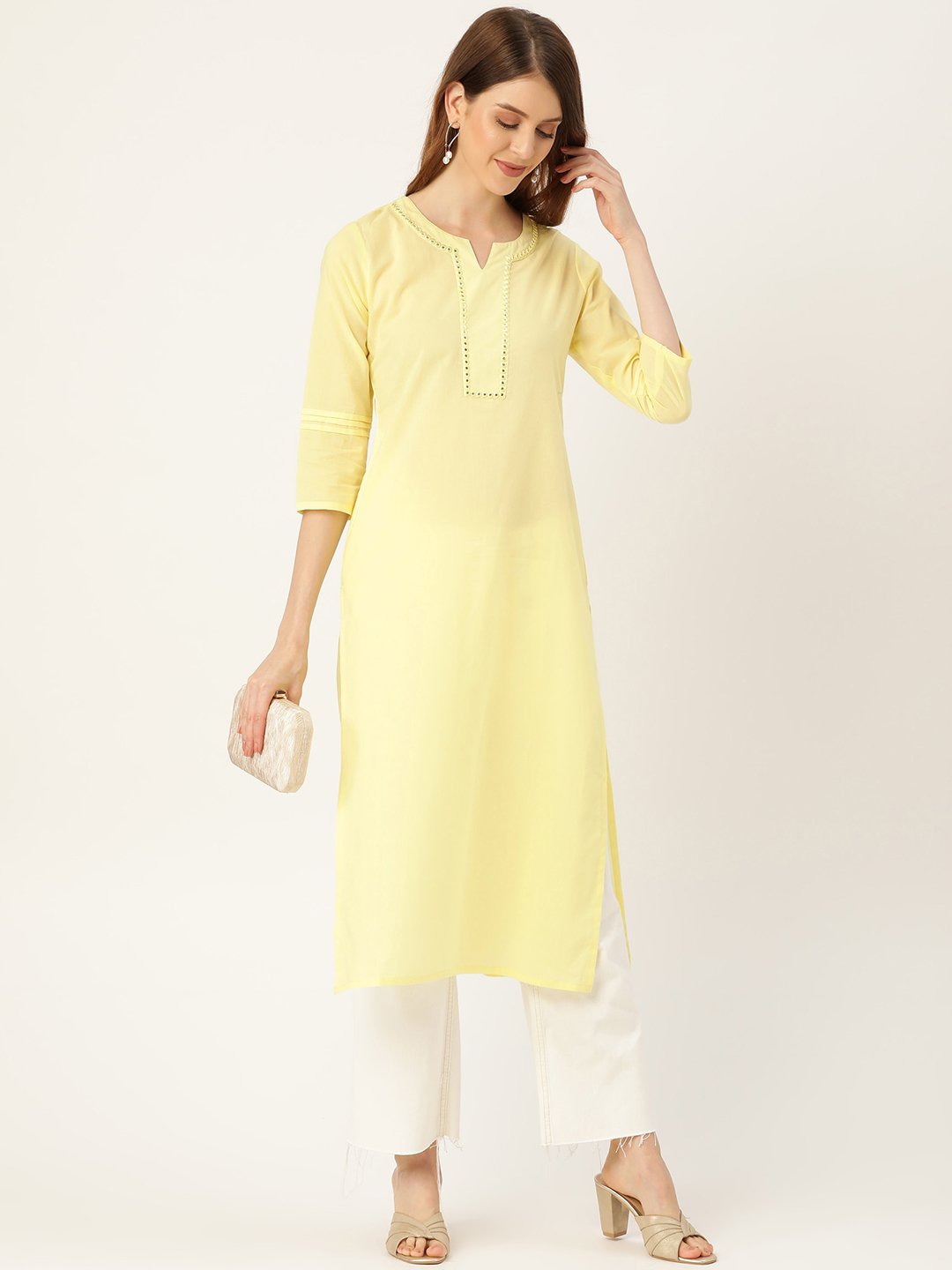 Women Limeyellow Calf Length Three-Quarter Sleeves Straight Solid Solid Cotton Kurta | LASVINI - Redefining Indian Fashion with Elegance