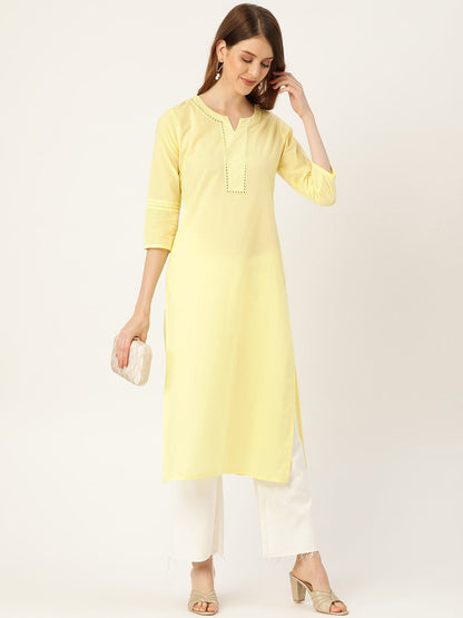 Women Limeyellow Calf Length Three-Quarter Sleeves Straight Solid Solid Cotton Kurta | LASVINI - Redefining Indian Fashion with Elegance
