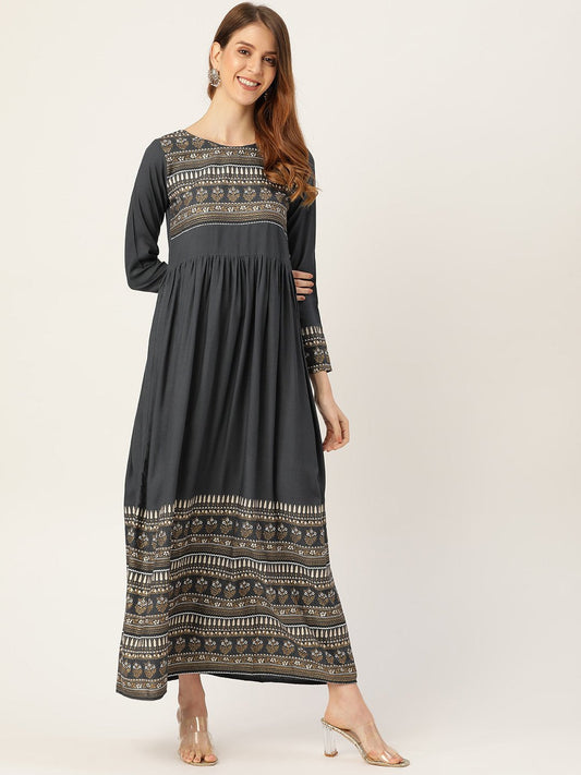 Women Grey Self Design Self Design Round Neck Viscose Rayon Maxi Dress | LASVINI - Redefining Indian Fashion with Elegance