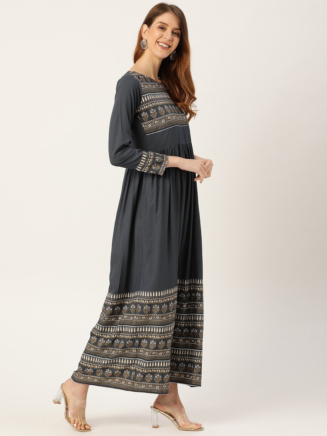 Women Grey Self Design Self Design Round Neck Viscose Rayon Maxi Dress | LASVINI - Redefining Indian Fashion with Elegance