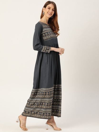 Women Grey Self Design Self Design Round Neck Viscose Rayon Maxi Dress | LASVINI - Redefining Indian Fashion with Elegance