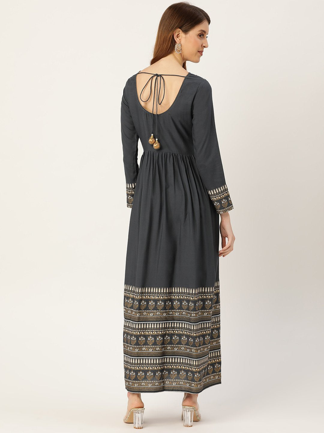 Women Grey Self Design Self Design Round Neck Viscose Rayon Maxi Dress | LASVINI - Redefining Indian Fashion with Elegance