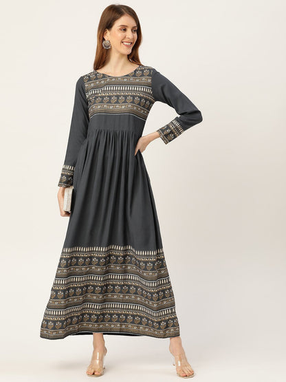 Women Grey Self Design Self Design Round Neck Viscose Rayon Maxi Dress | LASVINI - Redefining Indian Fashion with Elegance