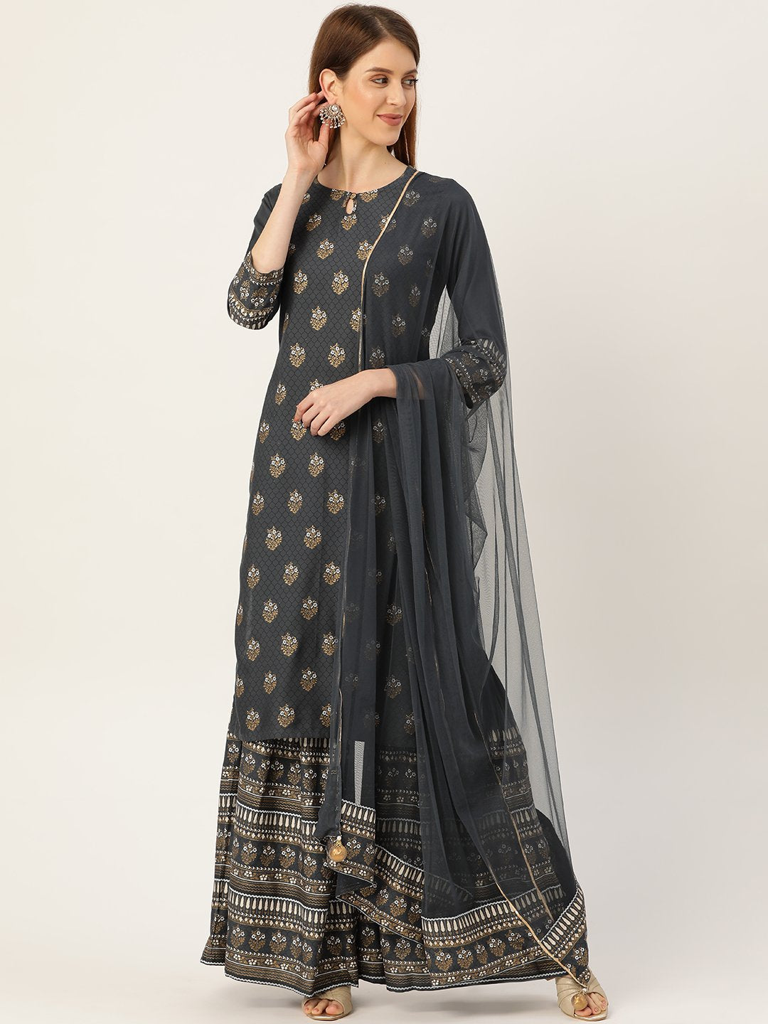 Women Grey Three-Quarter Sleeves Straight Kurta Sharara And Dupatta Set | LASVINI - Redefining Indian Fashion with Elegance