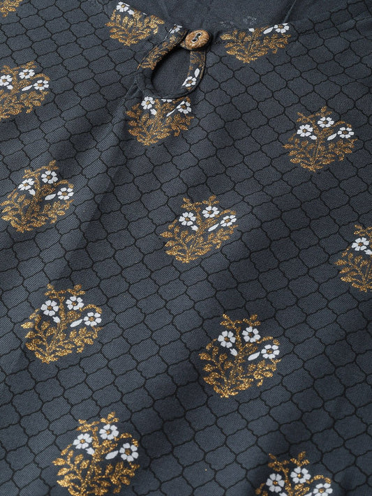 Women Grey Three-Quarter Sleeves Straight Kurta Sharara And Dupatta Set | LASVINI - Redefining Indian Fashion with Elegance