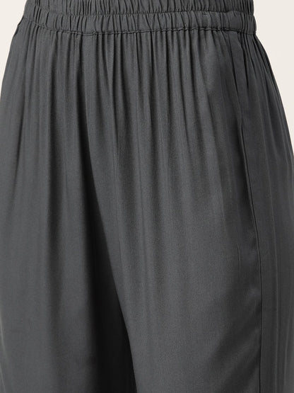 Women Grey Three-Quarter Sleeves Straight Kurta Sharara And Dupatta Set | LASVINI - Redefining Indian Fashion with Elegance