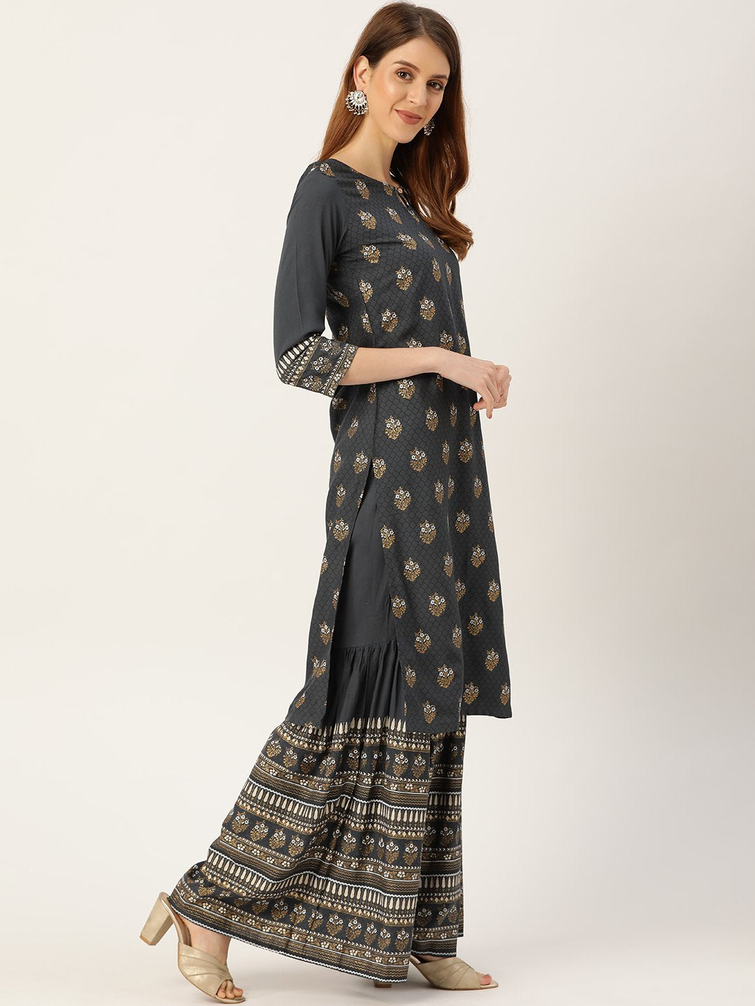Women Grey Three-Quarter Sleeves Straight Kurta Sharara And Dupatta Set | LASVINI - Redefining Indian Fashion with Elegance