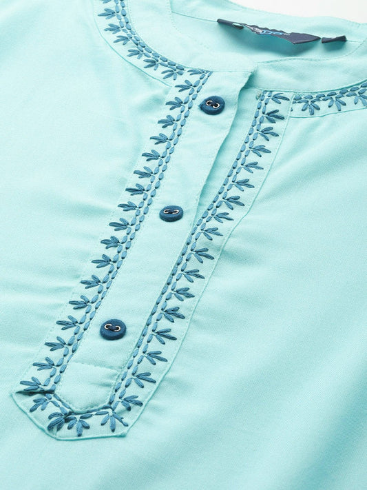 Women Blue Solid Solid Mandarin Collar Viscose Rayon A-Line Dress | LASVINI - Redefining Indian Fashion with Elegance