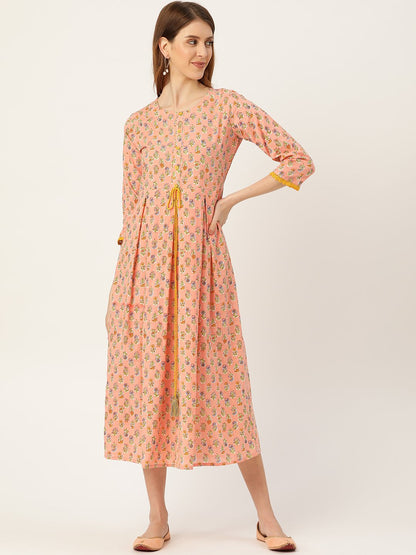 Women Peach Ethnic Motifs Printed Round Neck Cotton Maxi Dress | LASVINI - Redefining Indian Fashion with Elegance