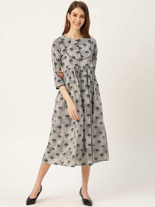 Women Grey Floral Printed Round Neck Cotton A-Line Dress | LASVINI - Redefining Indian Fashion with Elegance