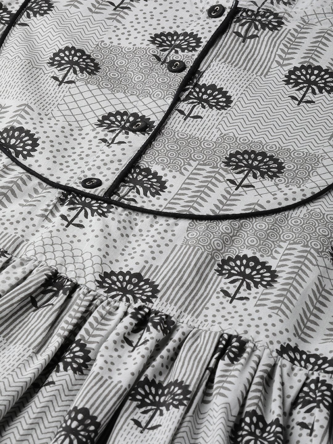 Women Grey Floral Printed Round Neck Cotton A-Line Dress | LASVINI - Redefining Indian Fashion with Elegance