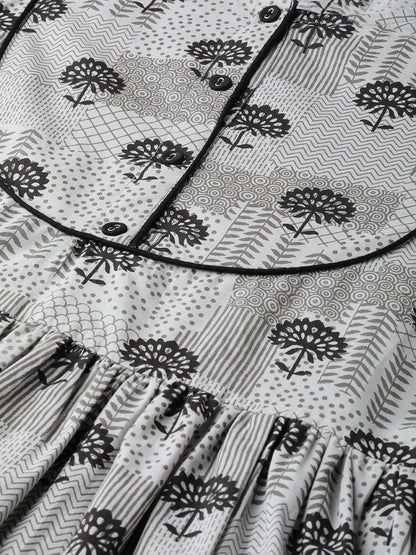 Women Grey Floral Printed Round Neck Cotton A-Line Dress | LASVINI - Redefining Indian Fashion with Elegance