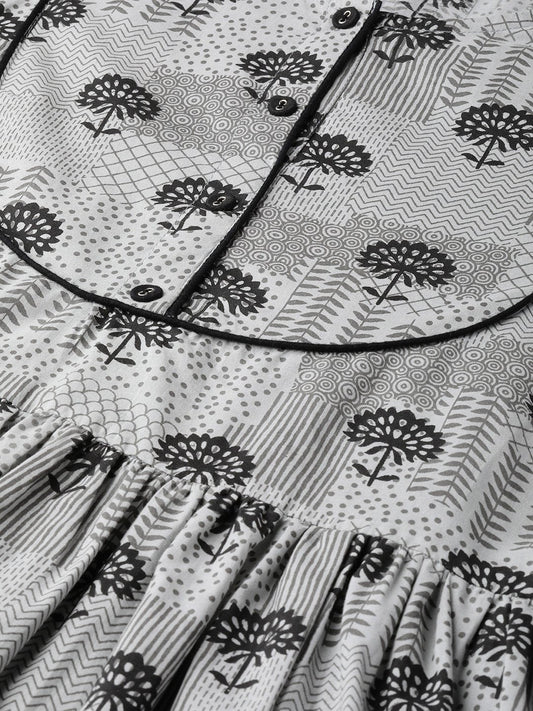 Women Grey Floral Printed Round Neck Cotton A-Line Dress | LASVINI - Redefining Indian Fashion with Elegance
