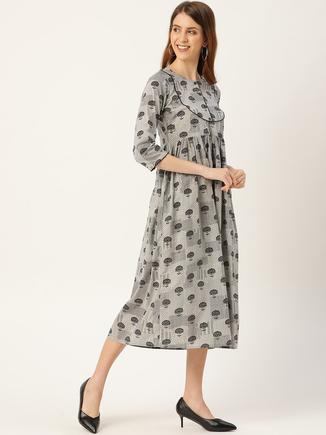 Women Grey Floral Printed Round Neck Cotton A-Line Dress | LASVINI - Redefining Indian Fashion with Elegance