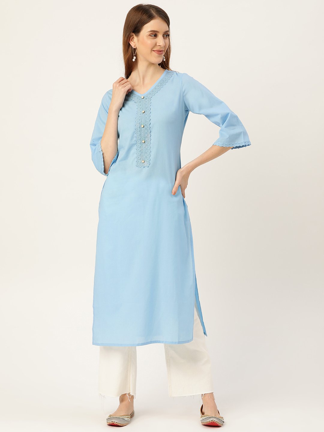 Women Blue Calf Length Three-Quarter Sleeves Straight Solid Solid Cotton Kurta | LASVINI - Redefining Indian Fashion with Elegance