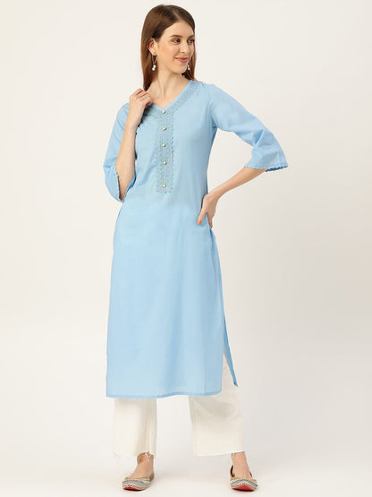 Women Blue Calf Length Three-Quarter Sleeves Straight Solid Solid Cotton Kurta | LASVINI - Redefining Indian Fashion with Elegance