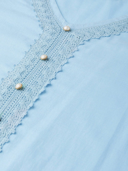 Women Blue Calf Length Three-Quarter Sleeves Straight Solid Solid Cotton Kurta | LASVINI - Redefining Indian Fashion with Elegance