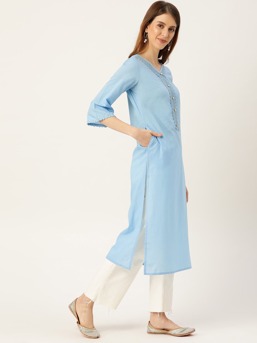 Women Blue Calf Length Three-Quarter Sleeves Straight Solid Solid Cotton Kurta | LASVINI - Redefining Indian Fashion with Elegance