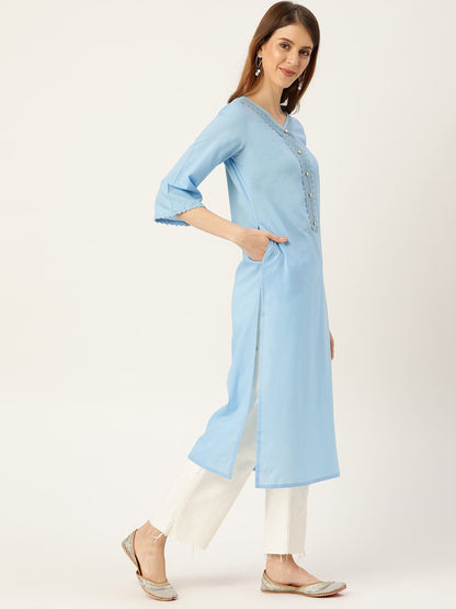 Women Blue Calf Length Three-Quarter Sleeves Straight Solid Solid Cotton Kurta | LASVINI - Redefining Indian Fashion with Elegance