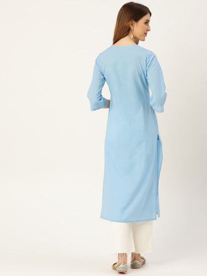 Women Blue Calf Length Three-Quarter Sleeves Straight Solid Solid Cotton Kurta | LASVINI - Redefining Indian Fashion with Elegance