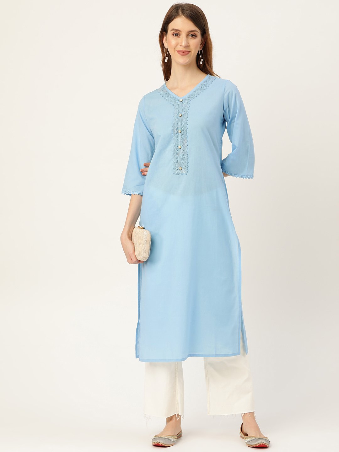 Women Blue Calf Length Three-Quarter Sleeves Straight Solid Solid Cotton Kurta | LASVINI - Redefining Indian Fashion with Elegance