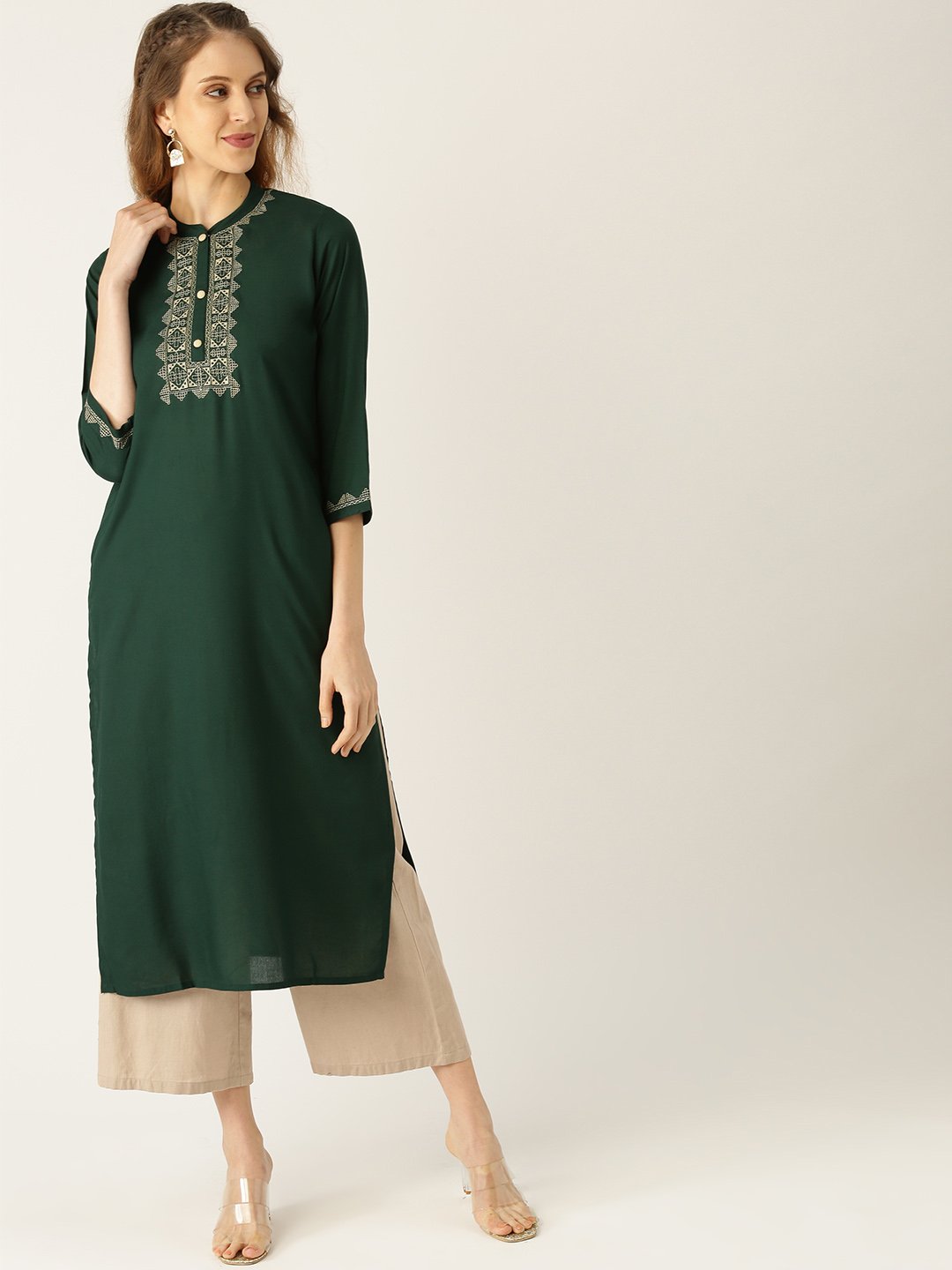 Women Blue Calf Length Three-Quarter Sleeves Straight Solid Yoke Design Viscose Rayon Kurta | LASVINI - Redefining Indian Fashion with Elegance