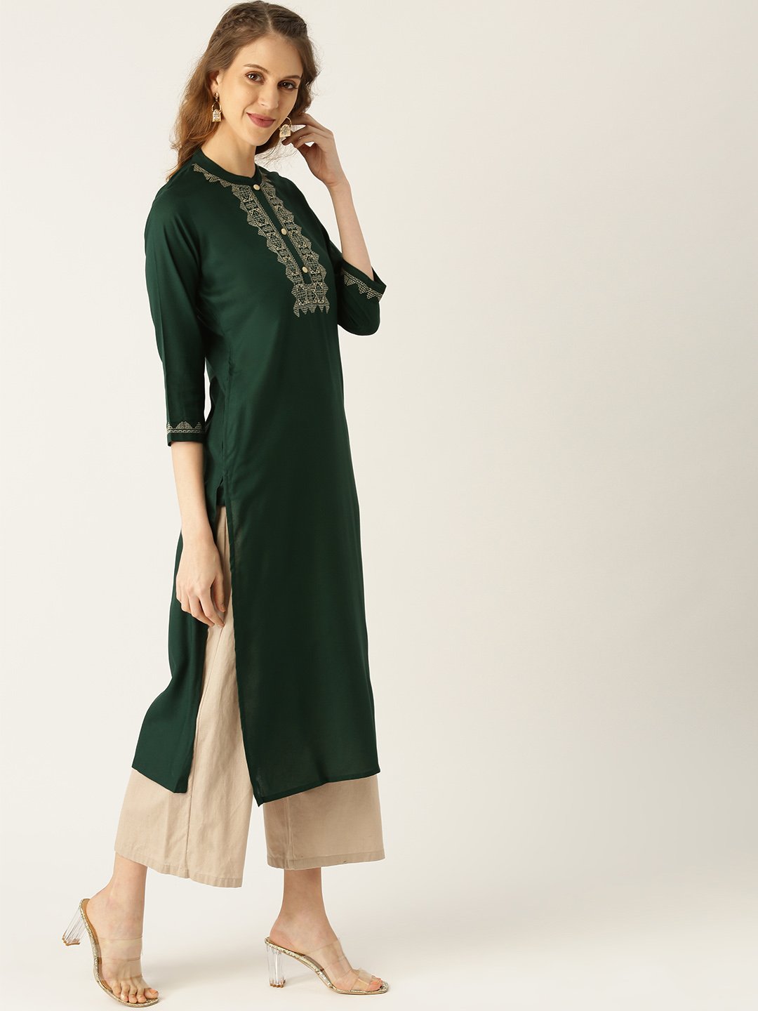 Women Blue Calf Length Three-Quarter Sleeves Straight Solid Yoke Design Viscose Rayon Kurta | LASVINI - Redefining Indian Fashion with Elegance