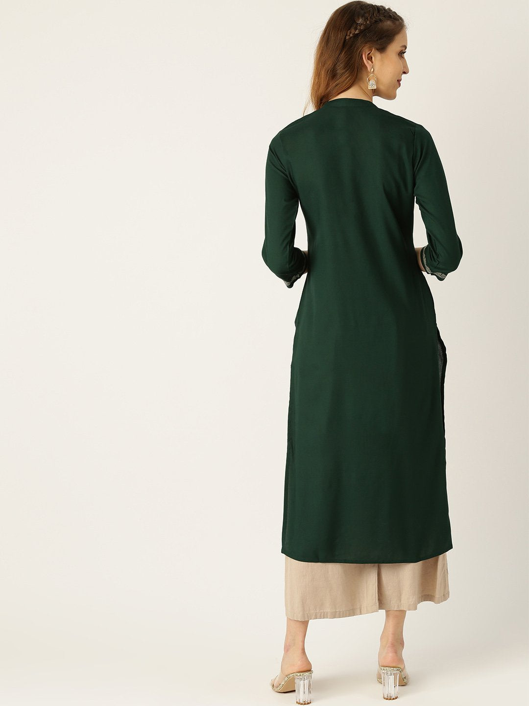 Women Blue Calf Length Three-Quarter Sleeves Straight Solid Yoke Design Viscose Rayon Kurta | LASVINI - Redefining Indian Fashion with Elegance