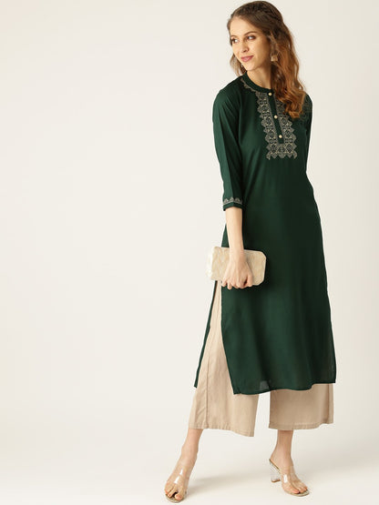 Women Blue Calf Length Three-Quarter Sleeves Straight Solid Yoke Design Viscose Rayon Kurta | LASVINI - Redefining Indian Fashion with Elegance