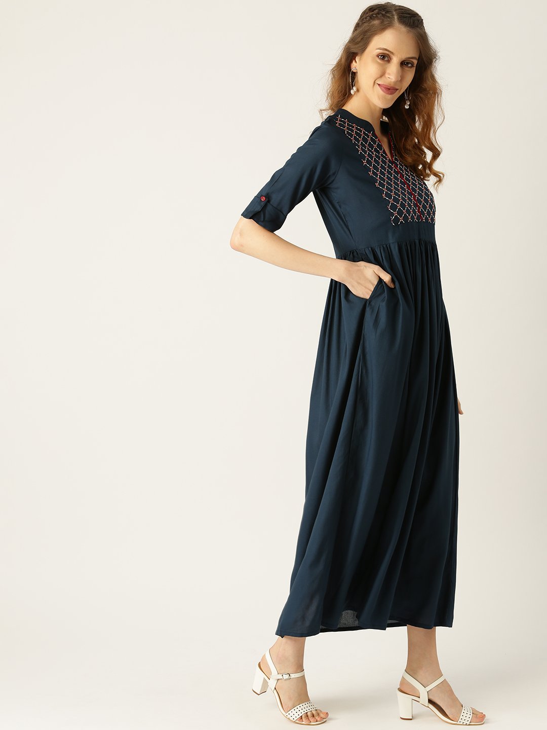 Women Navy Blue Solid Solid Mandarin Collar Viscose Rayon A-Line Dress | LASVINI - Redefining Indian Fashion with Elegance