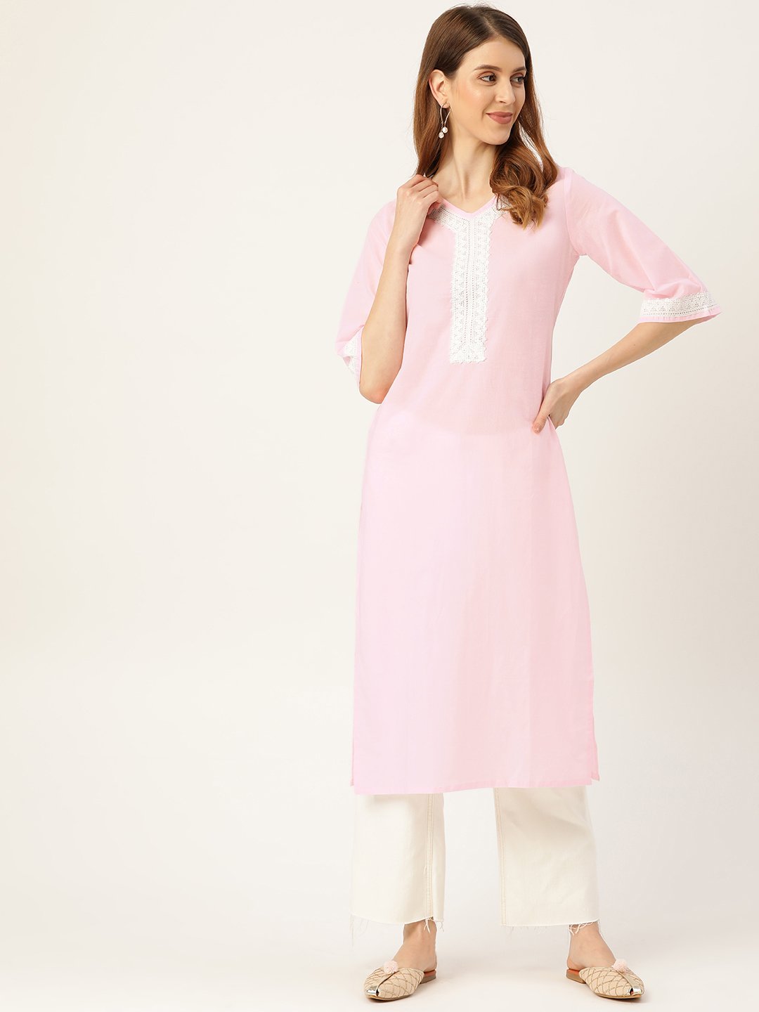 Women Pink Calf Length Three-Quarter Sleeves Straight Solid Solid Cotton Kurta | LASVINI - Redefining Indian Fashion with Elegance