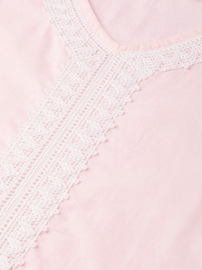 Women Pink Calf Length Three-Quarter Sleeves Straight Solid Solid Cotton Kurta | LASVINI - Redefining Indian Fashion with Elegance