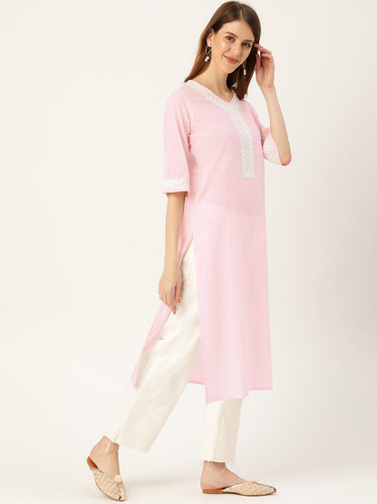 Women Pink Calf Length Three-Quarter Sleeves Straight Solid Solid Cotton Kurta | LASVINI - Redefining Indian Fashion with Elegance