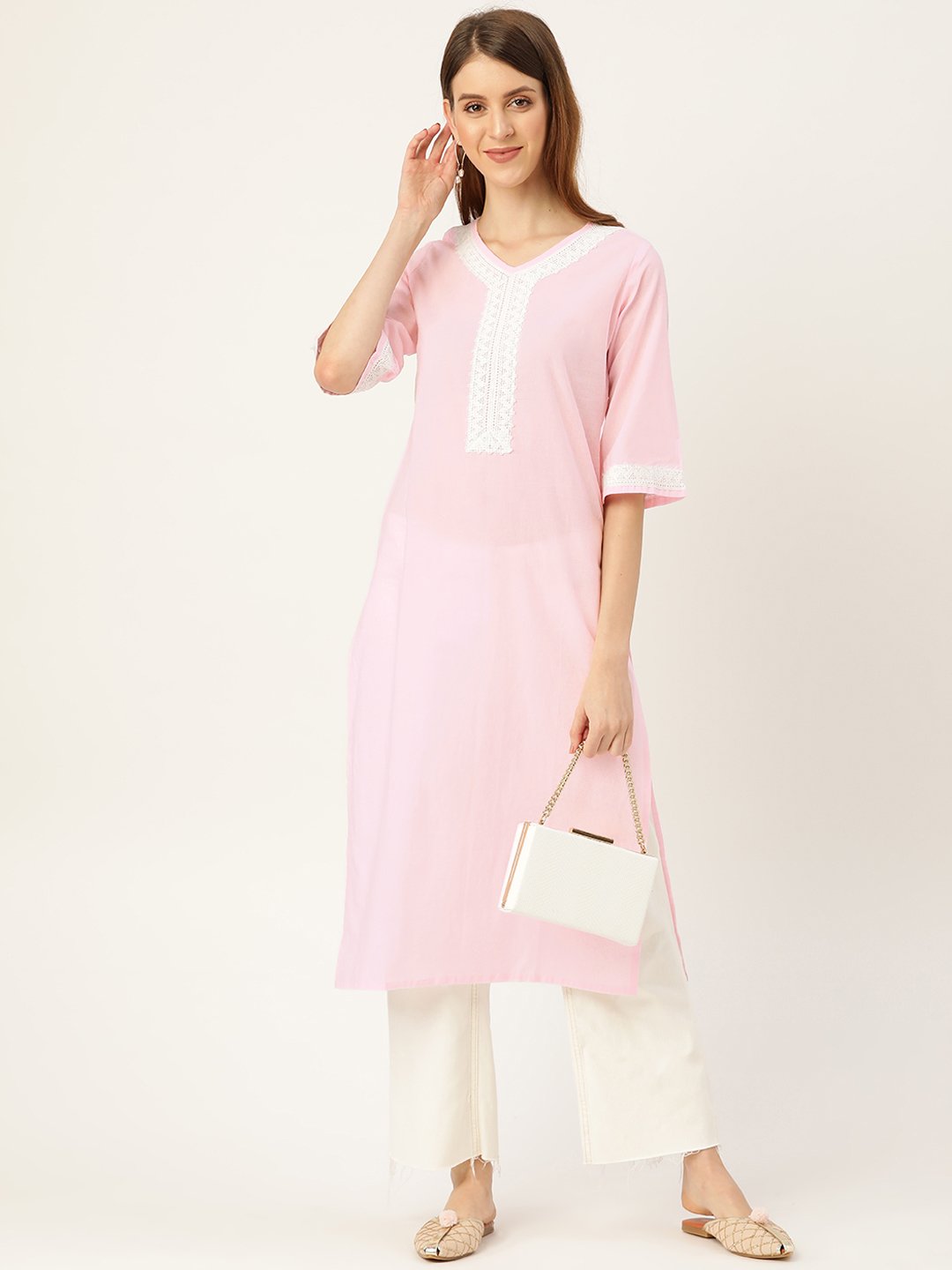 Women Pink Calf Length Three-Quarter Sleeves Straight Solid Solid Cotton Kurta | LASVINI - Redefining Indian Fashion with Elegance