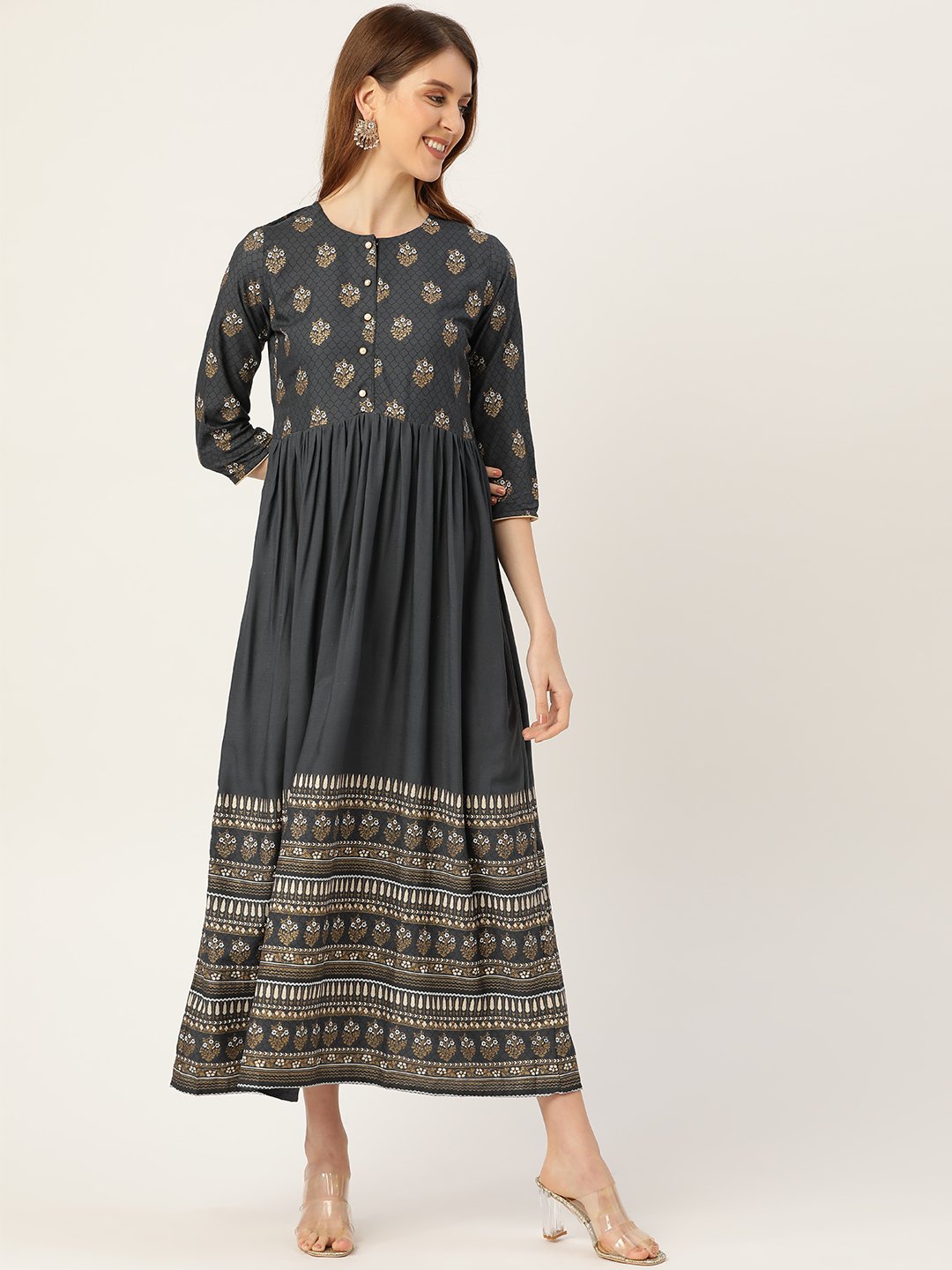 Women Grey Self Design Self Design Round Neck Viscose Rayon Maxi Dress | LASVINI - Redefining Indian Fashion with Elegance