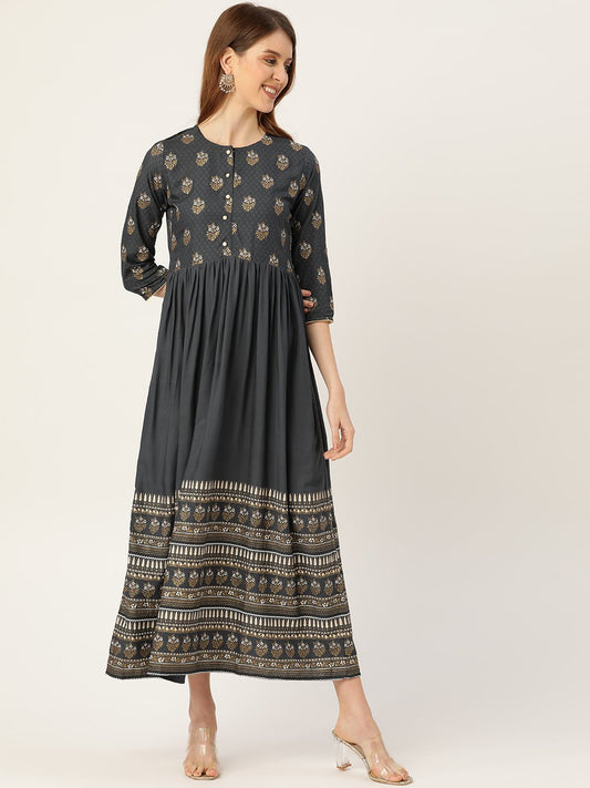 Women Grey Self Design Self Design Round Neck Viscose Rayon Maxi Dress | LASVINI - Redefining Indian Fashion with Elegance