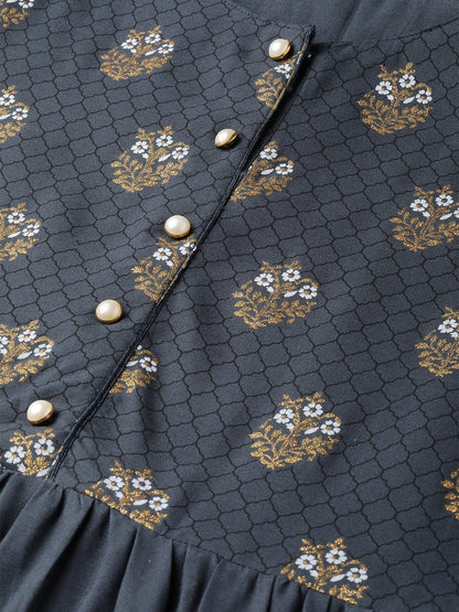 Women Grey Self Design Self Design Round Neck Viscose Rayon Maxi Dress | LASVINI - Redefining Indian Fashion with Elegance