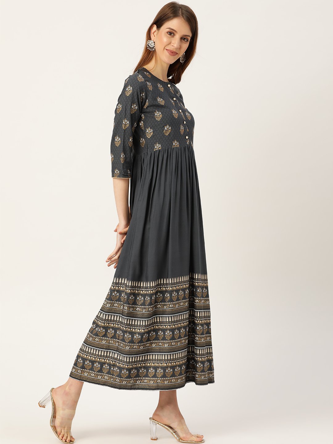 Women Grey Self Design Self Design Round Neck Viscose Rayon Maxi Dress | LASVINI - Redefining Indian Fashion with Elegance