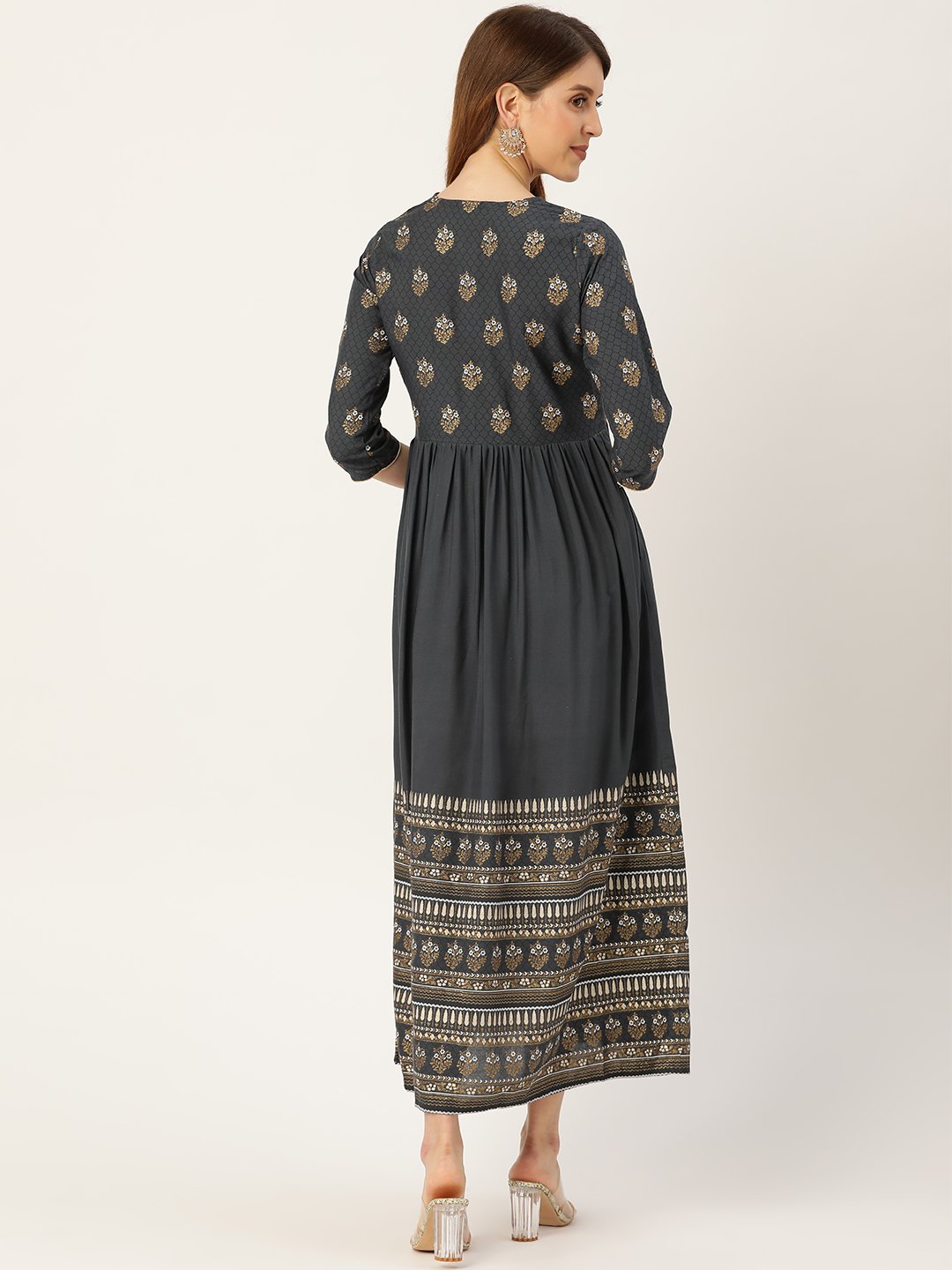 Women Grey Self Design Self Design Round Neck Viscose Rayon Maxi Dress | LASVINI - Redefining Indian Fashion with Elegance